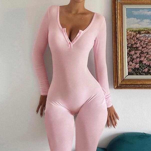 Long-Sleeve Plain Henley Jumpsuit Product Image