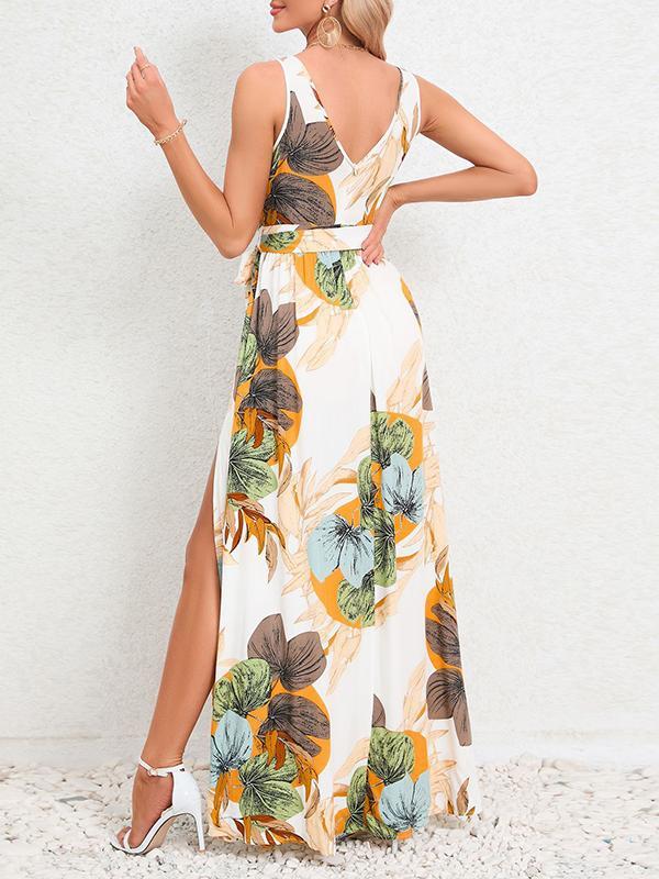 A-Line Loose Flower Print Pleated Split-Front Tied Waist V-Neck Maxi Dresses Product Image