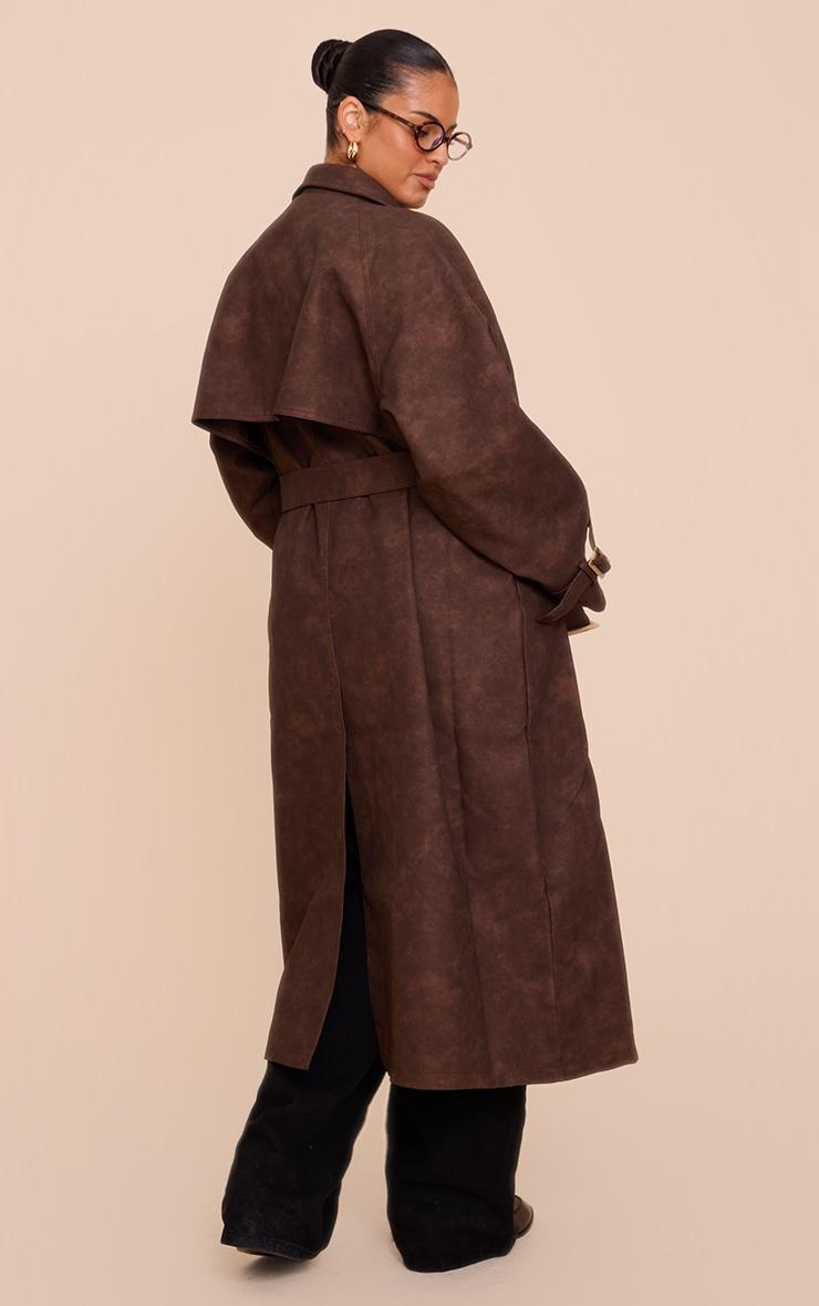 Plus Chocolate Textured Faux Leather Trench Coat Product Image