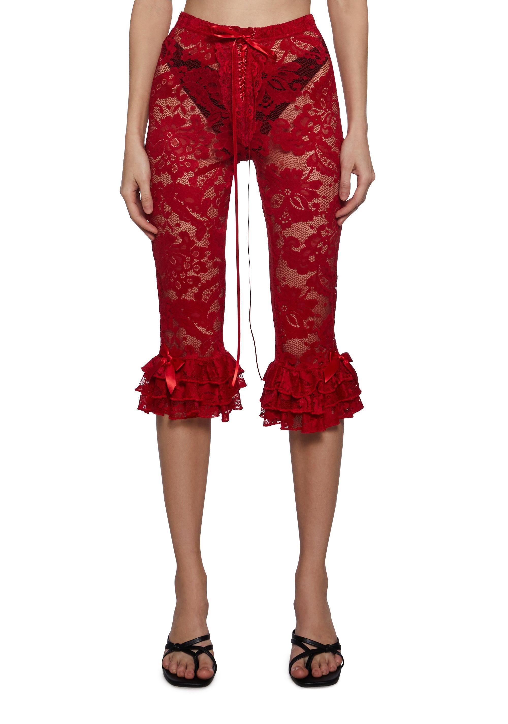 Regency Sheer Floral Lace Bow Pants Sugar Thrillz - Red Product Image