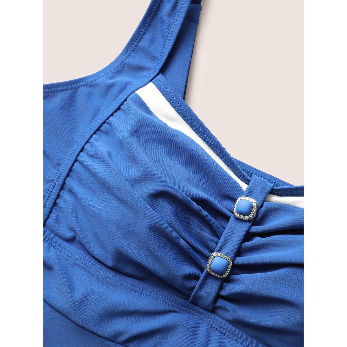 Plus Size Plain Patchwork Ruched Button Detail Swim Dress Women's Swimwear Blue Beach Bodycon Heart neckline High stretch Curve Swim Dresses BloomChic 14-16/1X Product Image