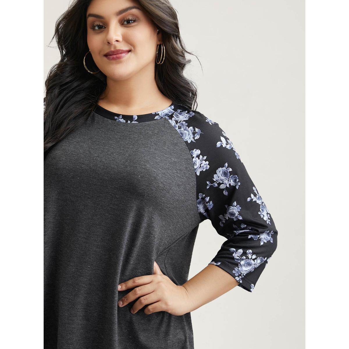 Plus Size Floral Sleeve Round Neck Flared T-Shirt DimGray Women Casual Contrast Natural Flowers Round Neck Everyday T-shirts BloomChic 18-20/2X Product Image