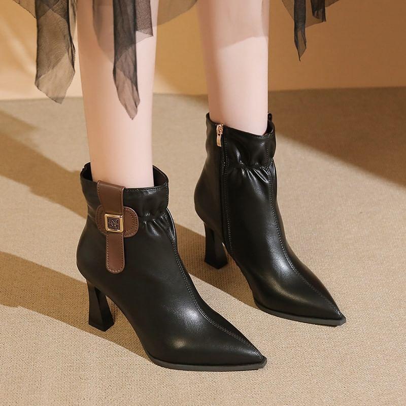 Chunky Heel Pointed Toe Ruched Zip-Up Faux Leather Short Boots Product Image