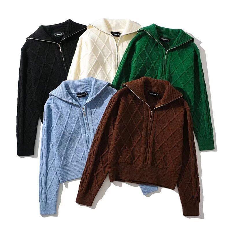 Long Sleeve Half-Zip Plain Cable-Knit Loose-Fit Sweater Product Image