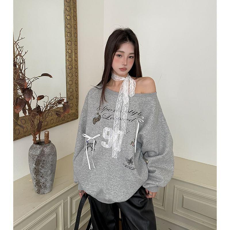 Long Sleeve Cold-Shoulder Lettering Print Lace Panel Loose-Fit Sweatshirt Product Image