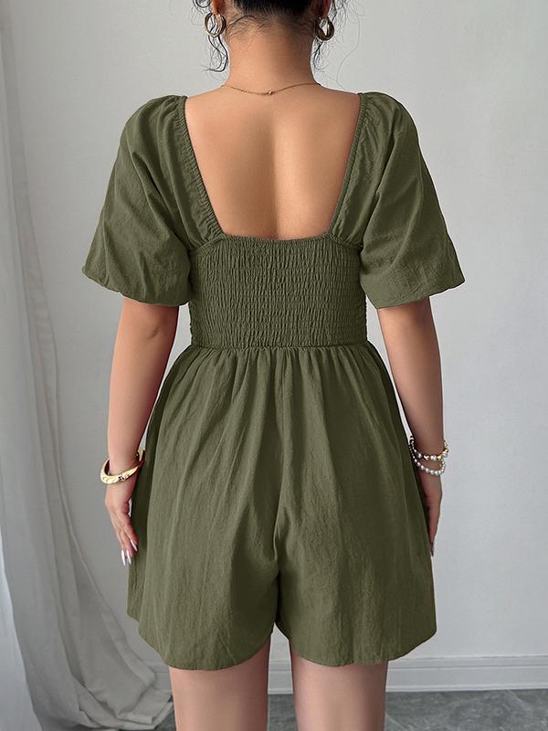 A-Line Half Sleeves Elasticity Pleated Solid Color Square-Neck Rompers Product Image