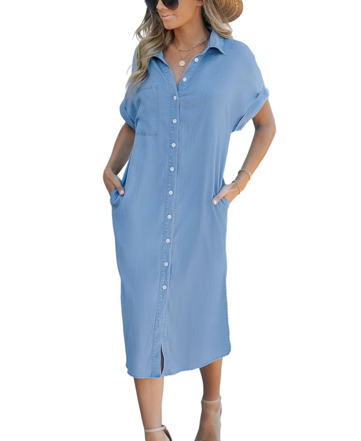 Cupshe Womens Denim Short Sleeve Button Down Cover Up Dress - Light Product Image