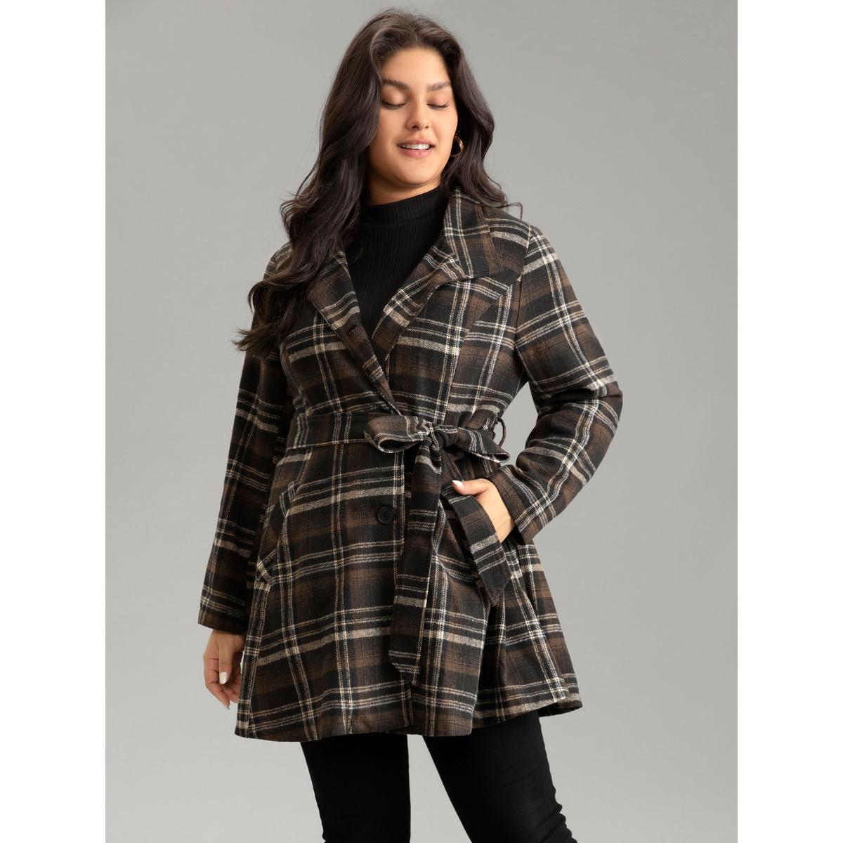 Plus Size Lapel Collar Plaid Button Through Belted Coat Women DarkBrown Elegant Lined Ladies Dailywear Winter Coats BloomChic 12/L Product Image