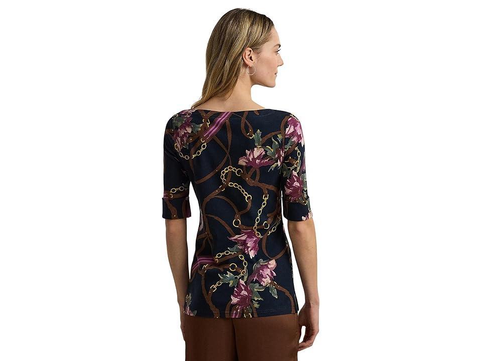 Lauren Ralph Lauren Print Cotton Boatneck Tee (Navy Multi) Women's Clothing Product Image