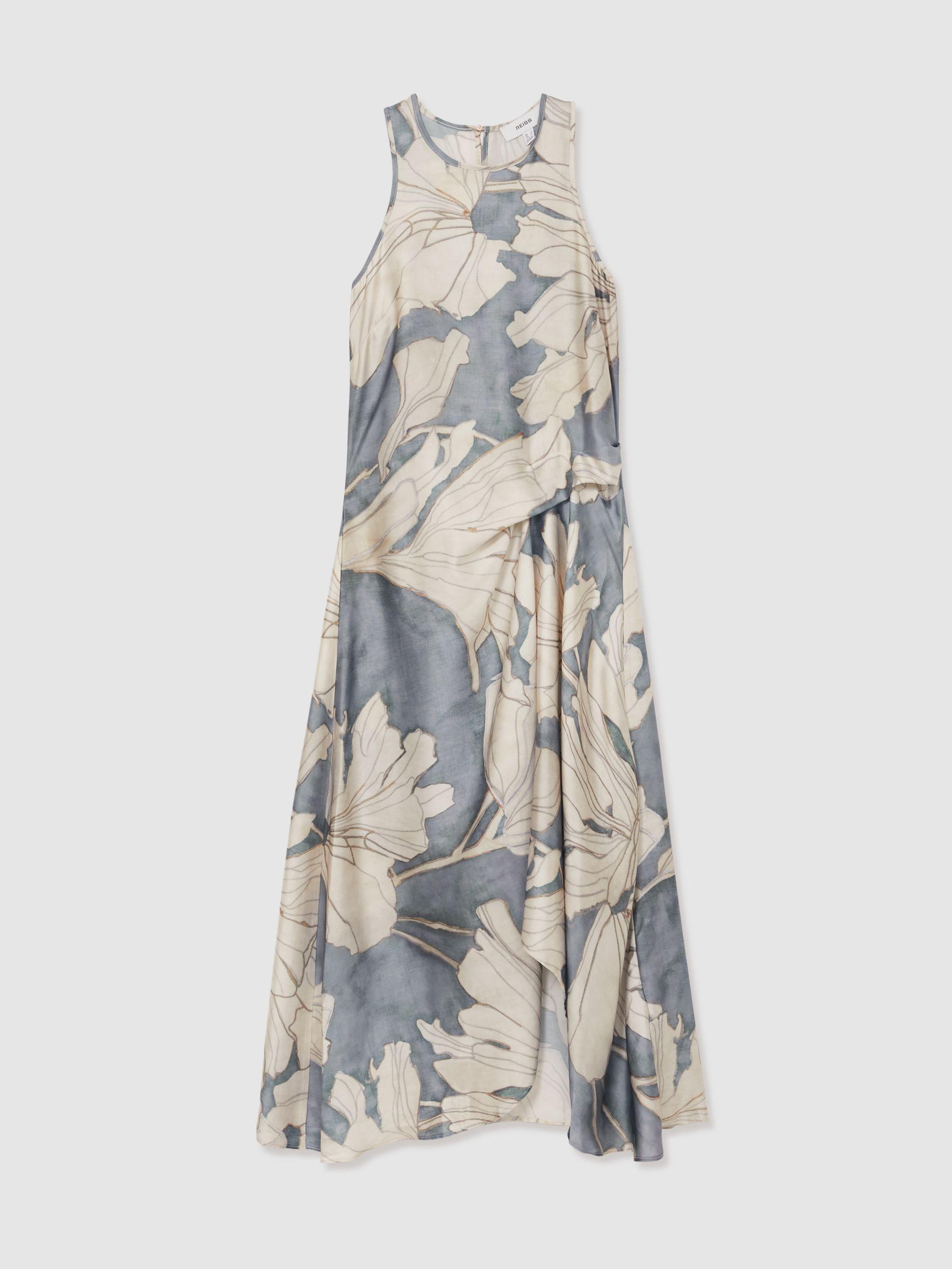 Satin Floral Drape Midi Dress in Blue Product Image