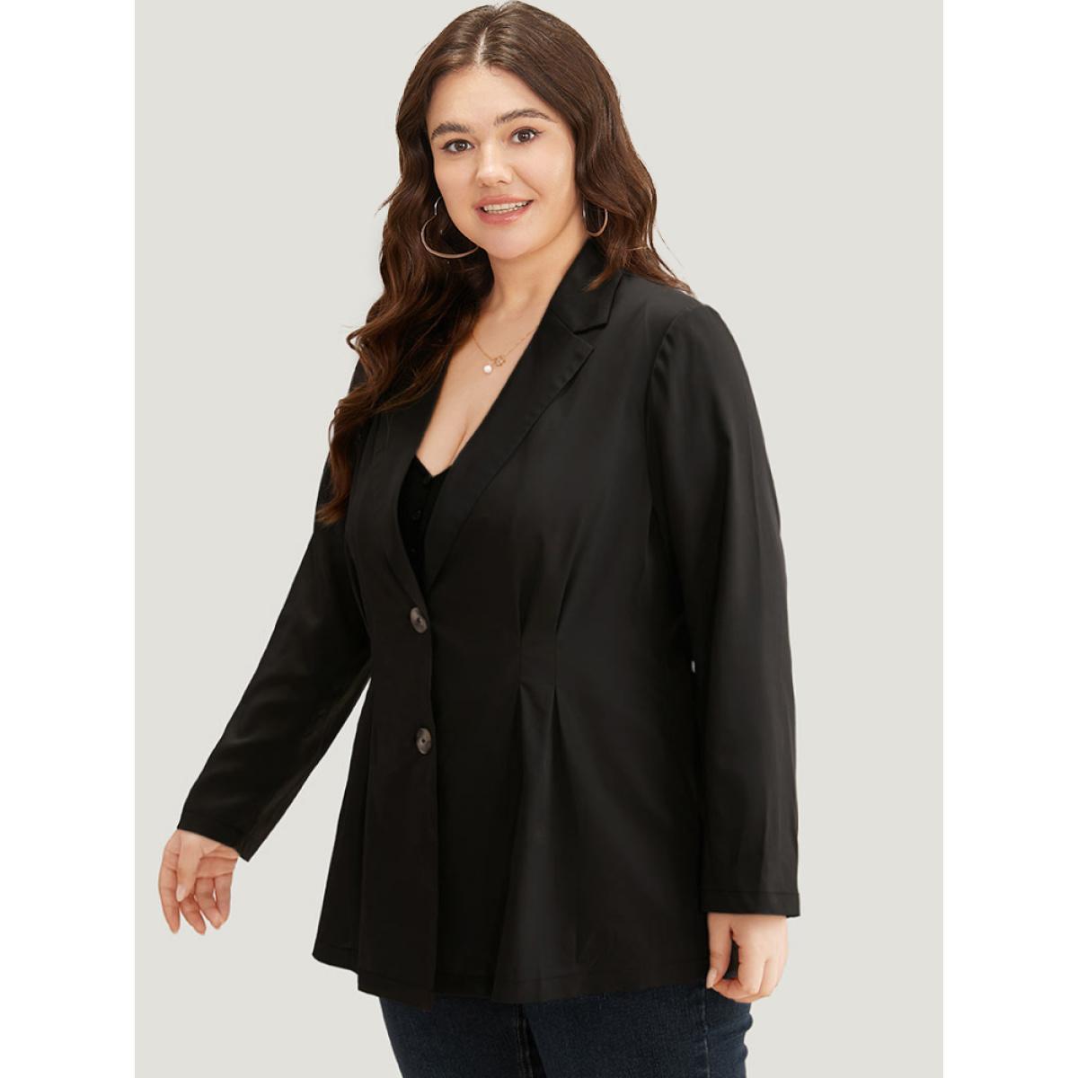 Plus Size Suit Collar Button Up Plicated Detail Blazer Black Women Dailywear Plain Plain Sleeve Long Sleeve Suit Collar 10/M Casual Blazers BloomChic Product Image