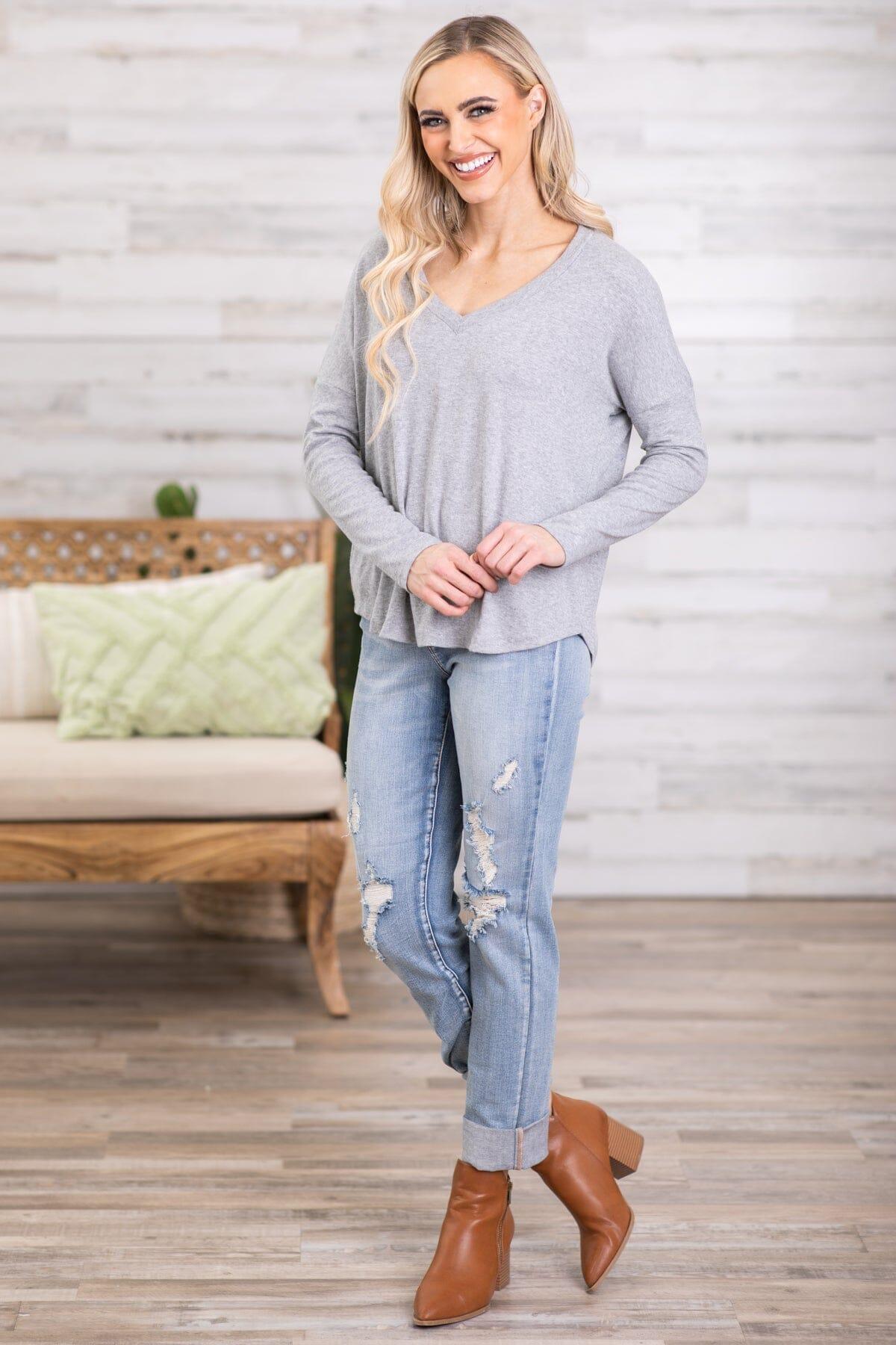Grey V-Neck Long Sleeve Top Product Image