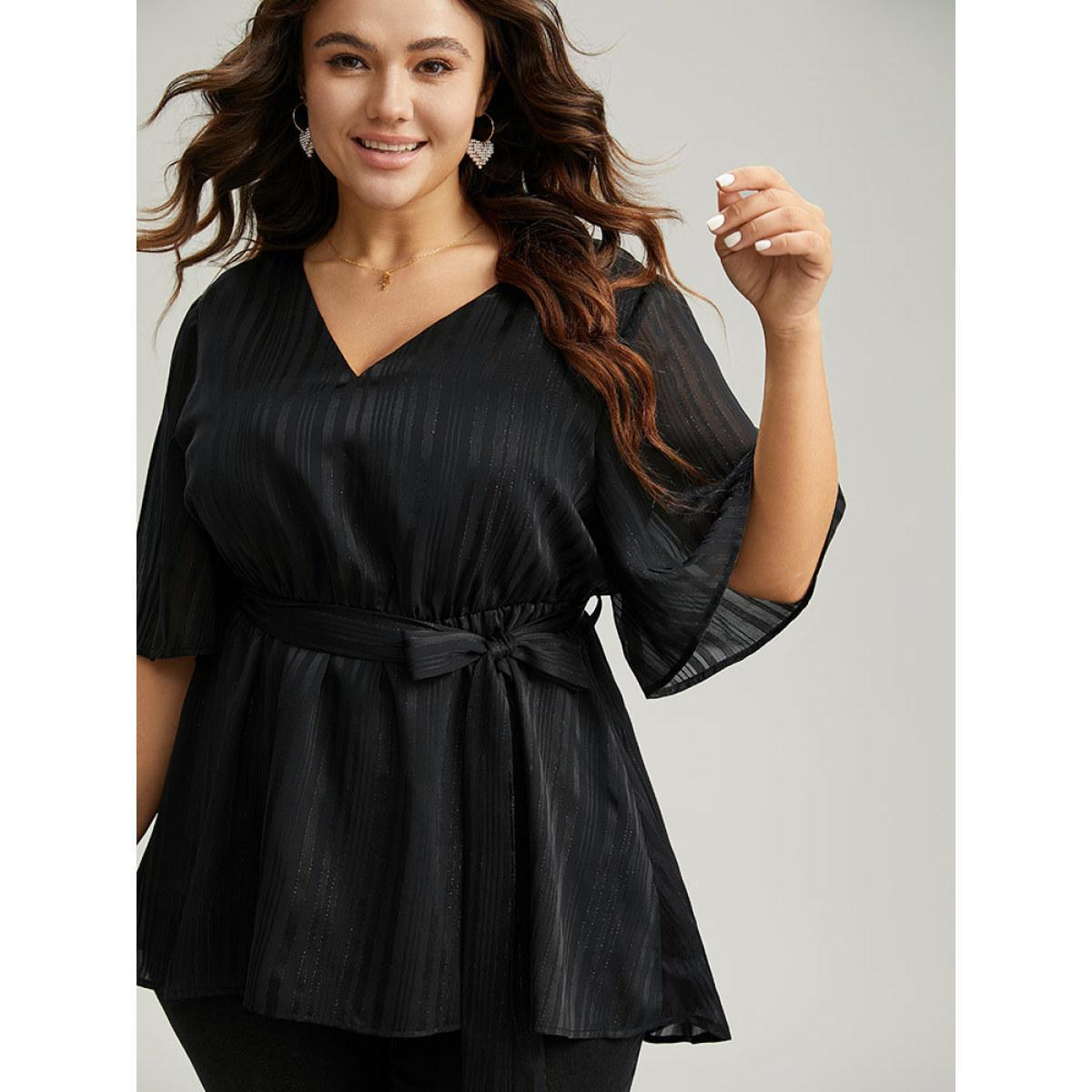 Plus Size Black Solid Chiffon Belted High Low Hem Blouse Women Elegant Half Sleeve V-neck Everyday Blouses BloomChic 18-20/2X Product Image
