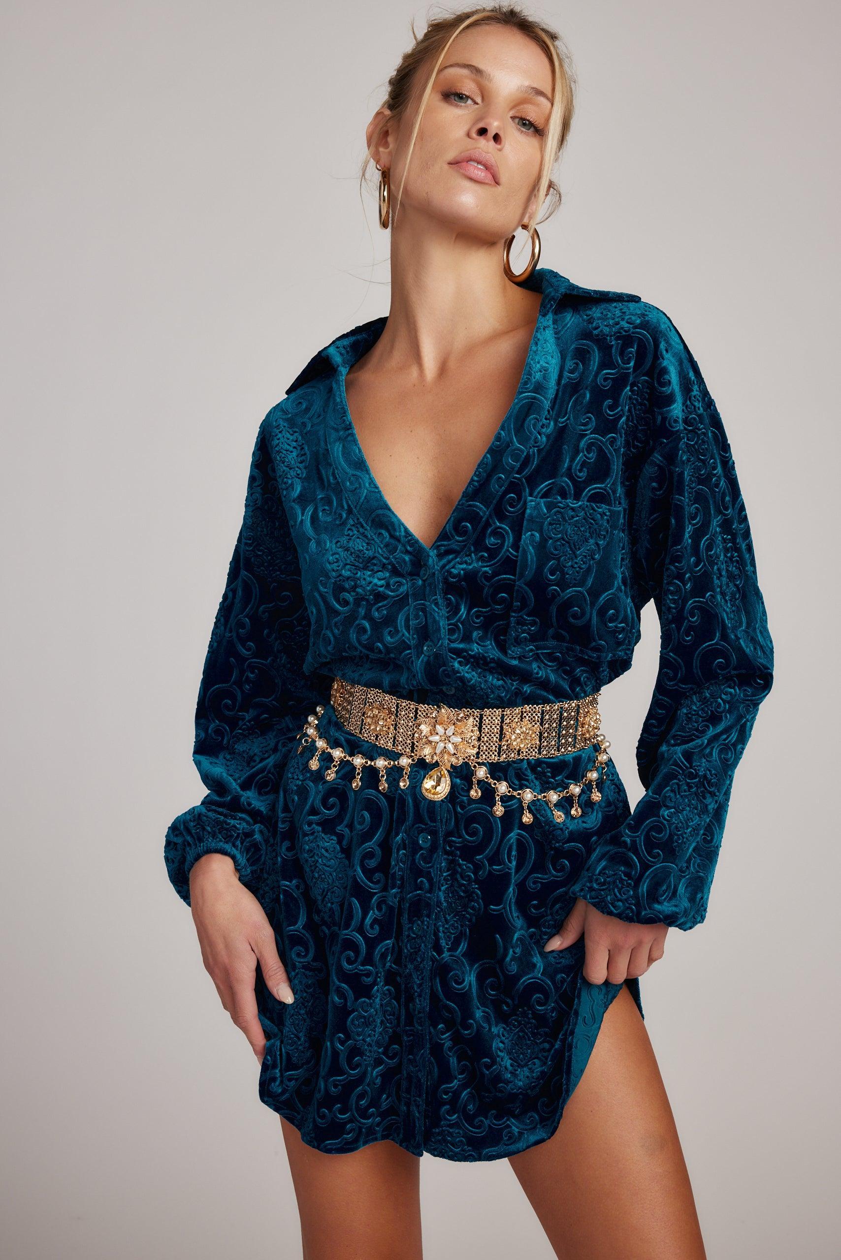 Kali Blue Long Sleeve Velvet Dress Product Image