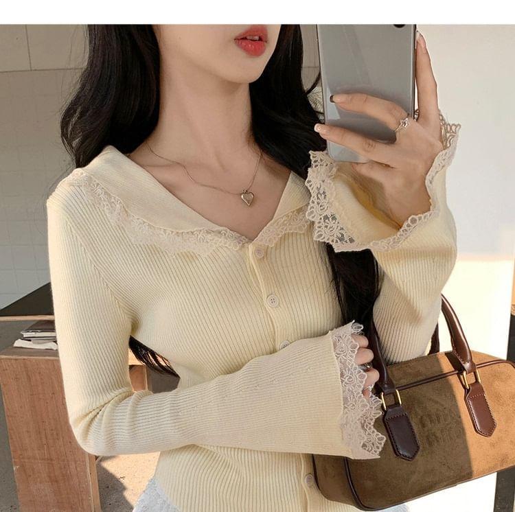 Peter Pan Collar Plain Lace Trim Button-Up Cardigan Product Image