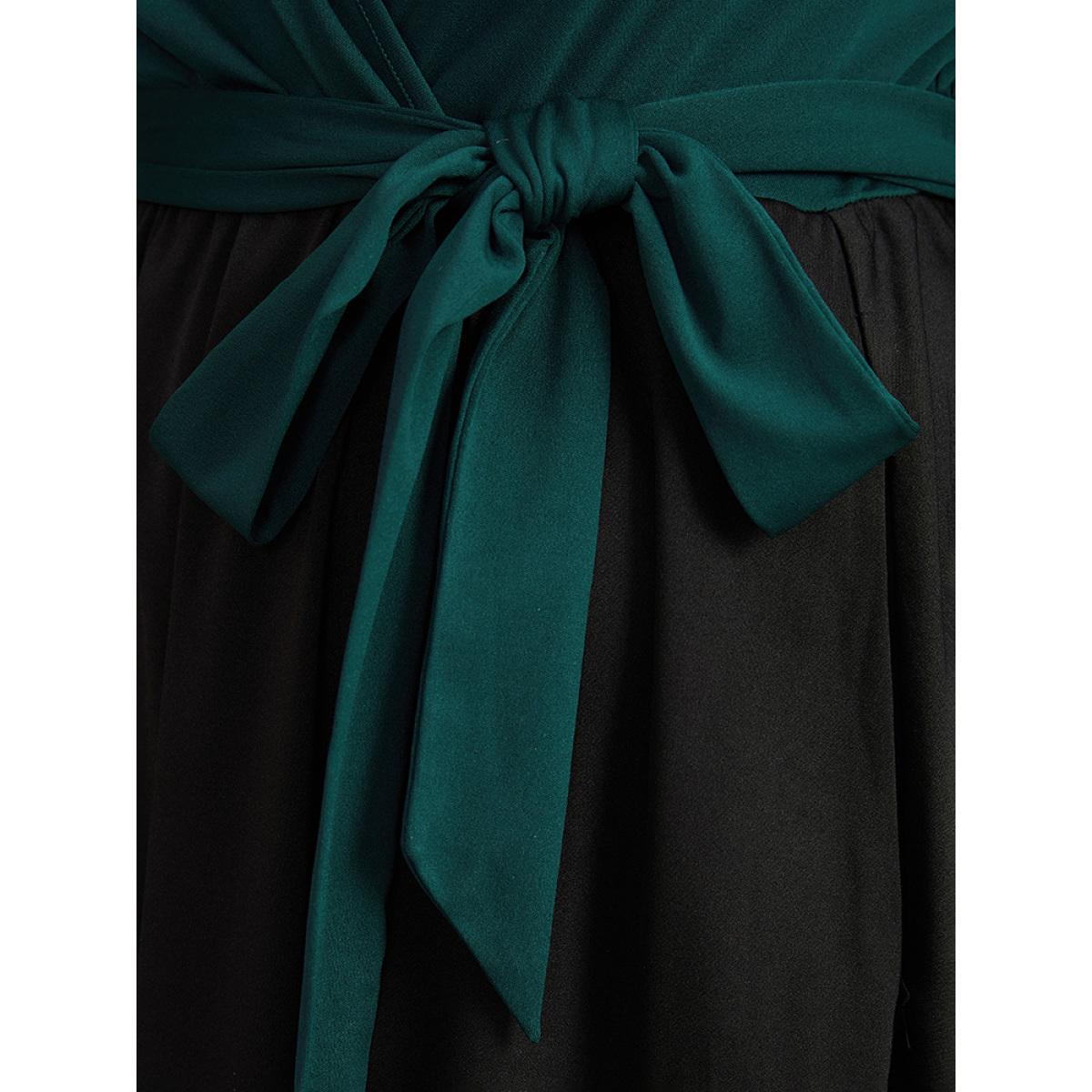 Plus Size Contrast Patchwork Bowknot Overlap Collar Dress DarkGreen Women Elegant Belted V-neck Long Sleeve Curvy Midi Dress BloomChic 14-16/1X Product Image