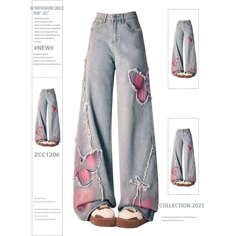 High Waist Washed Butterfly Wide Leg Jeans Product Image