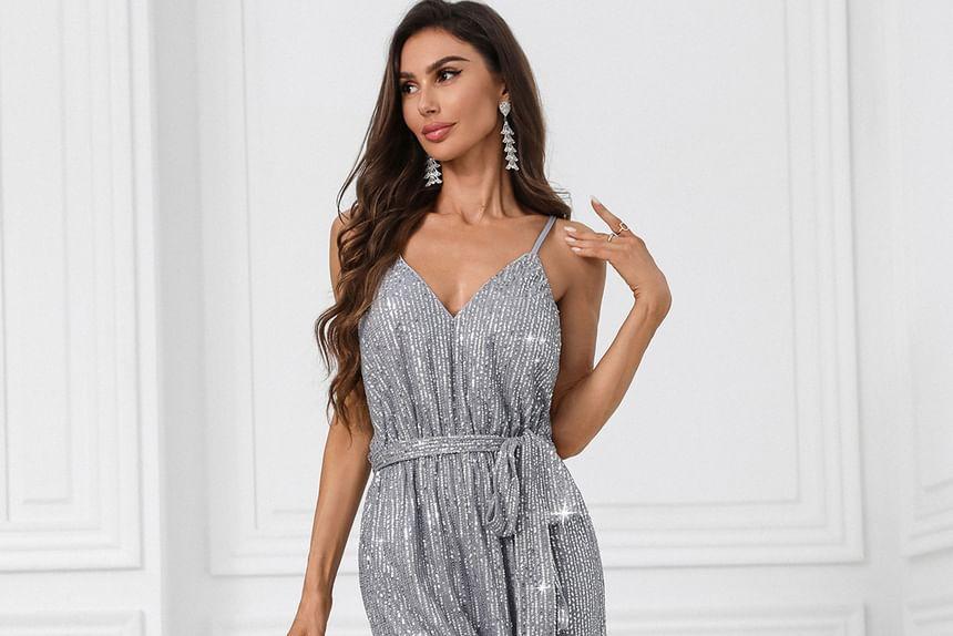 Spaghetti Strap V-Neck Sequin Tie Waist Wide Leg Jumpsuit Product Image