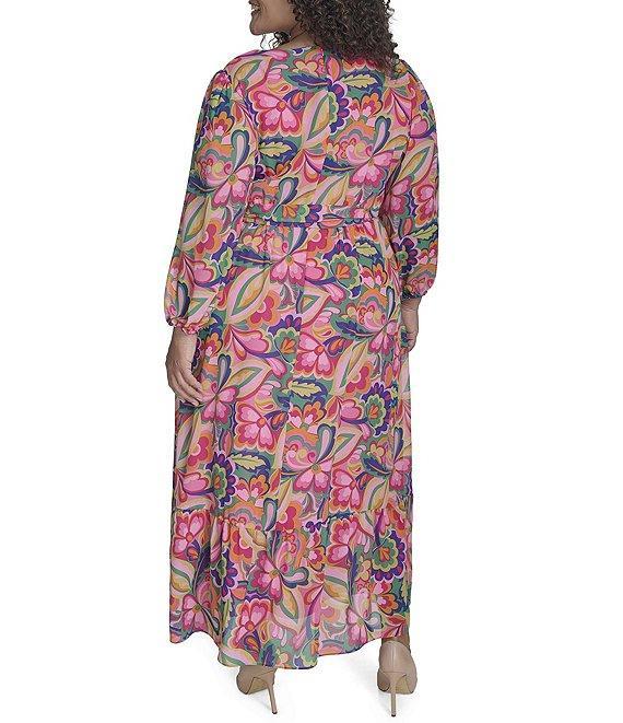 Jessica Howard Plus Size V-Neck 3/4 Sleeve Tie Sash Chiffon Faux Wrap Maxi Dress Product Image