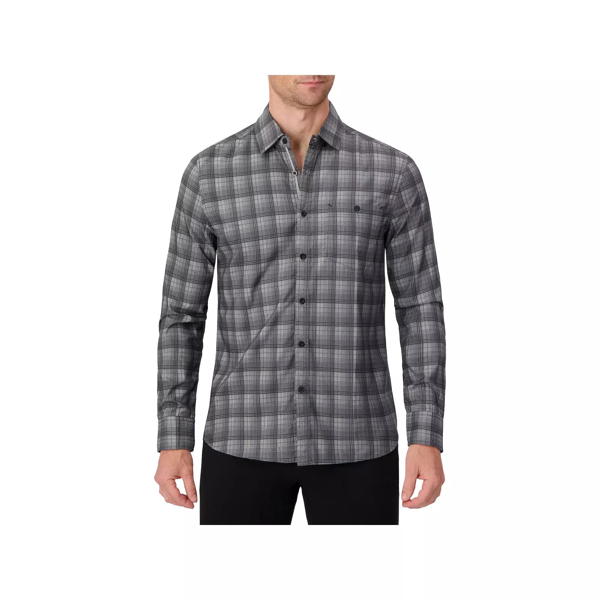 Men's Report Collection Long Sleeve Stretch Modal Plaid Woven Button-Down Shirt, Size: Medium, Grey Plaid Product Image