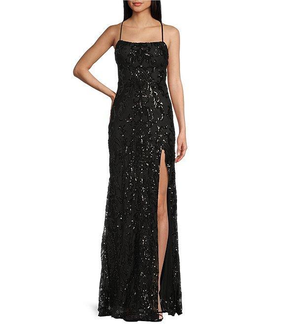 Midnight Doll Sequin Patterned Spaghetti Strap Square Neck Lace Up Back Side Slit Dress Product Image