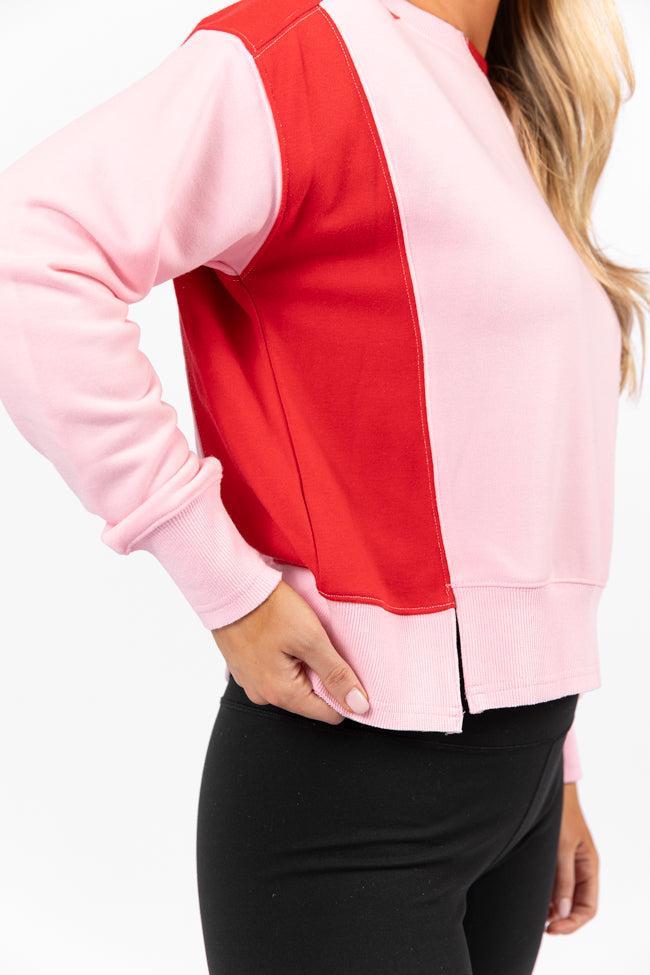 Far Between Pink and Red Contrast Trim Crew Neck Sweatshirt Product Image