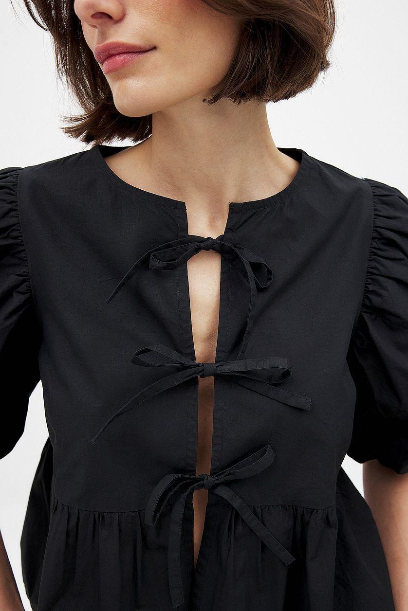 Cotton Puff Sleeve Tie Front Blouse Product Image