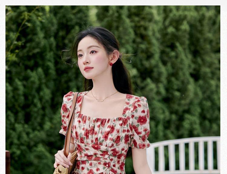 Short-Sleeve Square Neck Floral Print Midi A-Line Dress Product Image