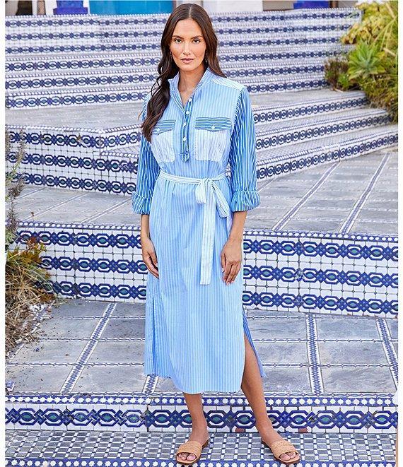 Karen Kane Mixed Stripe Roll Sleeve Midi Shirtdress Product Image