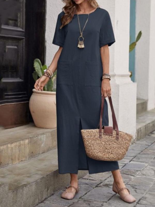 High Waisted Loose Pockets Solid Color Split-front Round-neck Midi Dresses Product Image