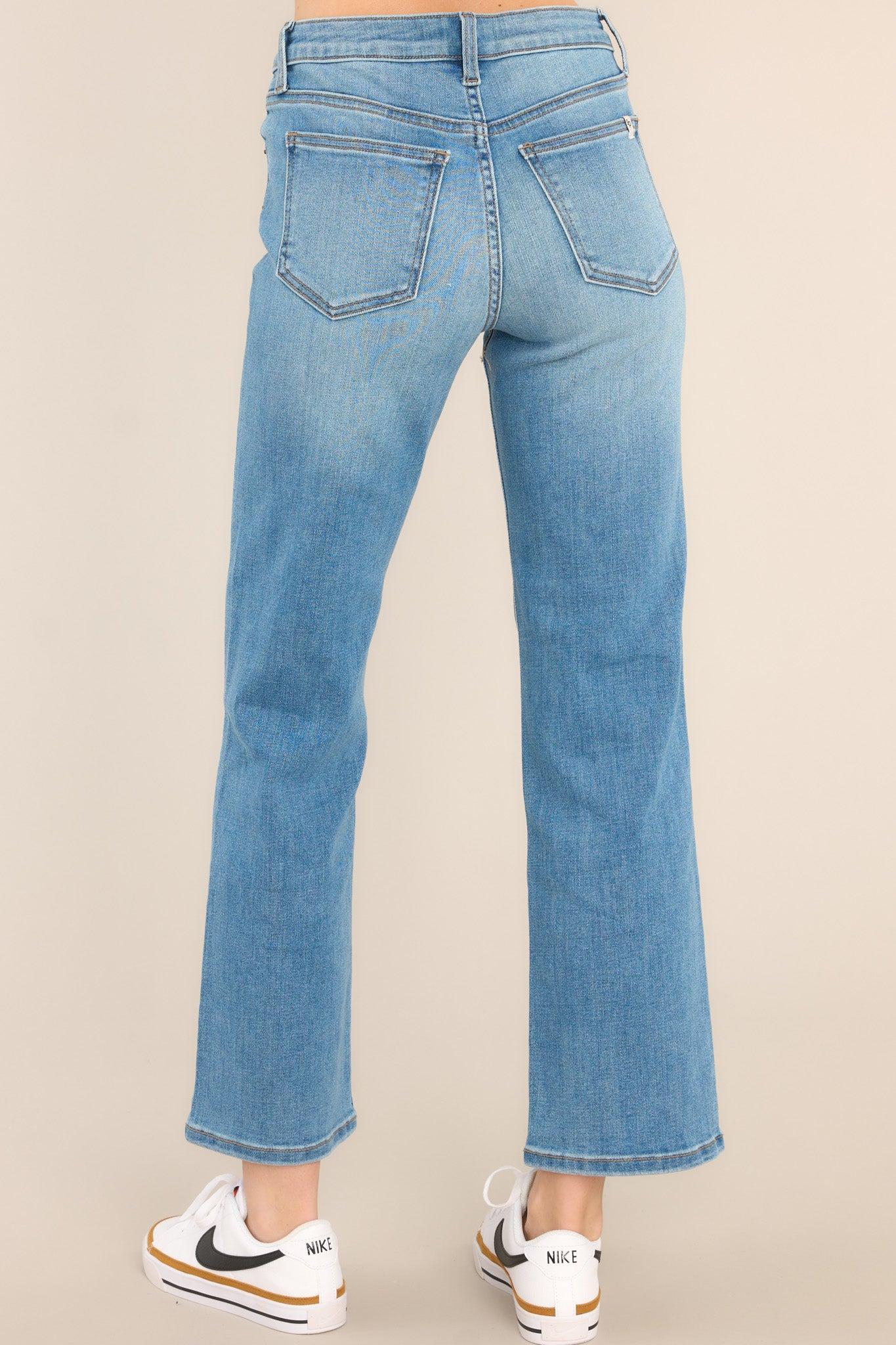 Sneak Peek Medium Wash High Rise Straight Leg Jeans Blue Product Image