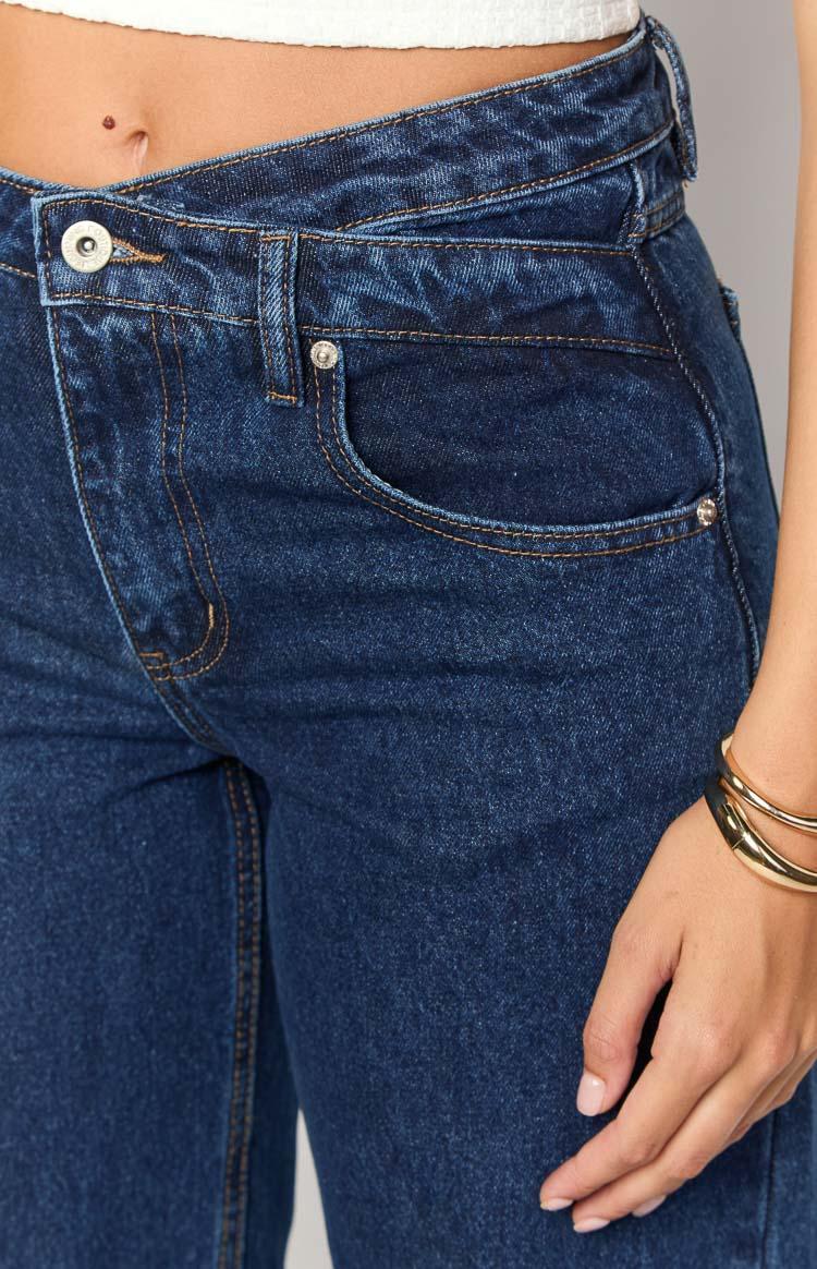 Kansis Dark Blue Uneven Waist Jeans Product Image