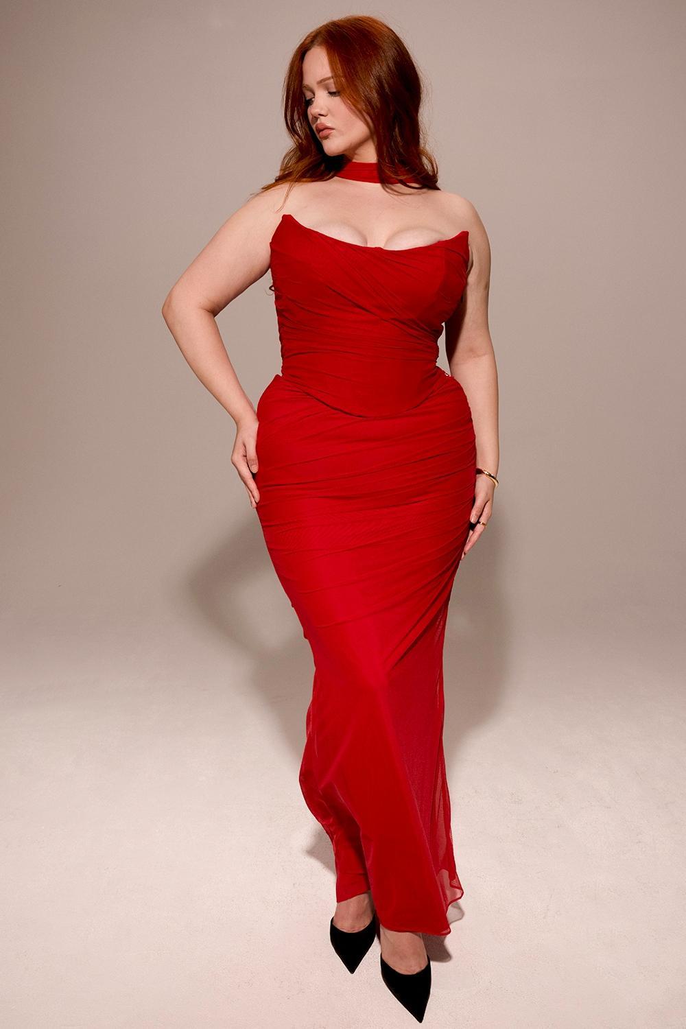 Cassidy  holly red mesh maxi skirt with fluted hem Product Image