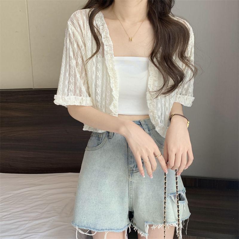 Short-Sleeve Lace Open Front Crop Light Jacket / Camisole Top Product Image