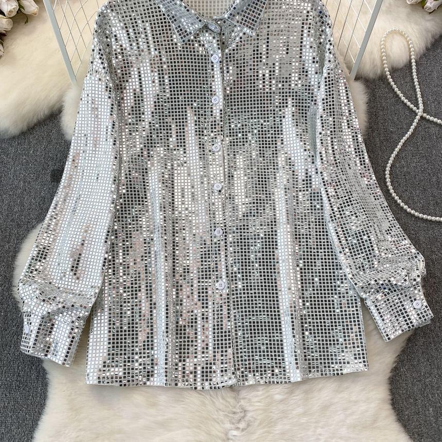 Long-Sleeve Sequin Shirt Product Image