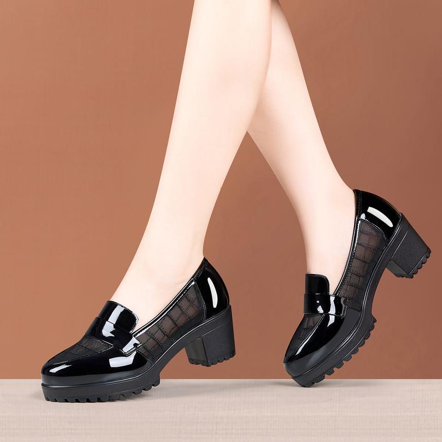 Platform Patent Leather Panel Mesh Block Heel Loafers Product Image