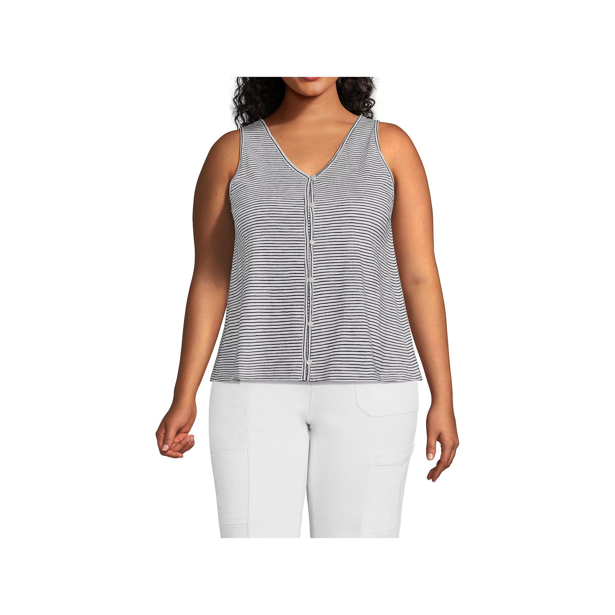 Plus Size Lands' End Slub Button Down Tank, Women's, Size: 1XL, White Black Stripe Product Image