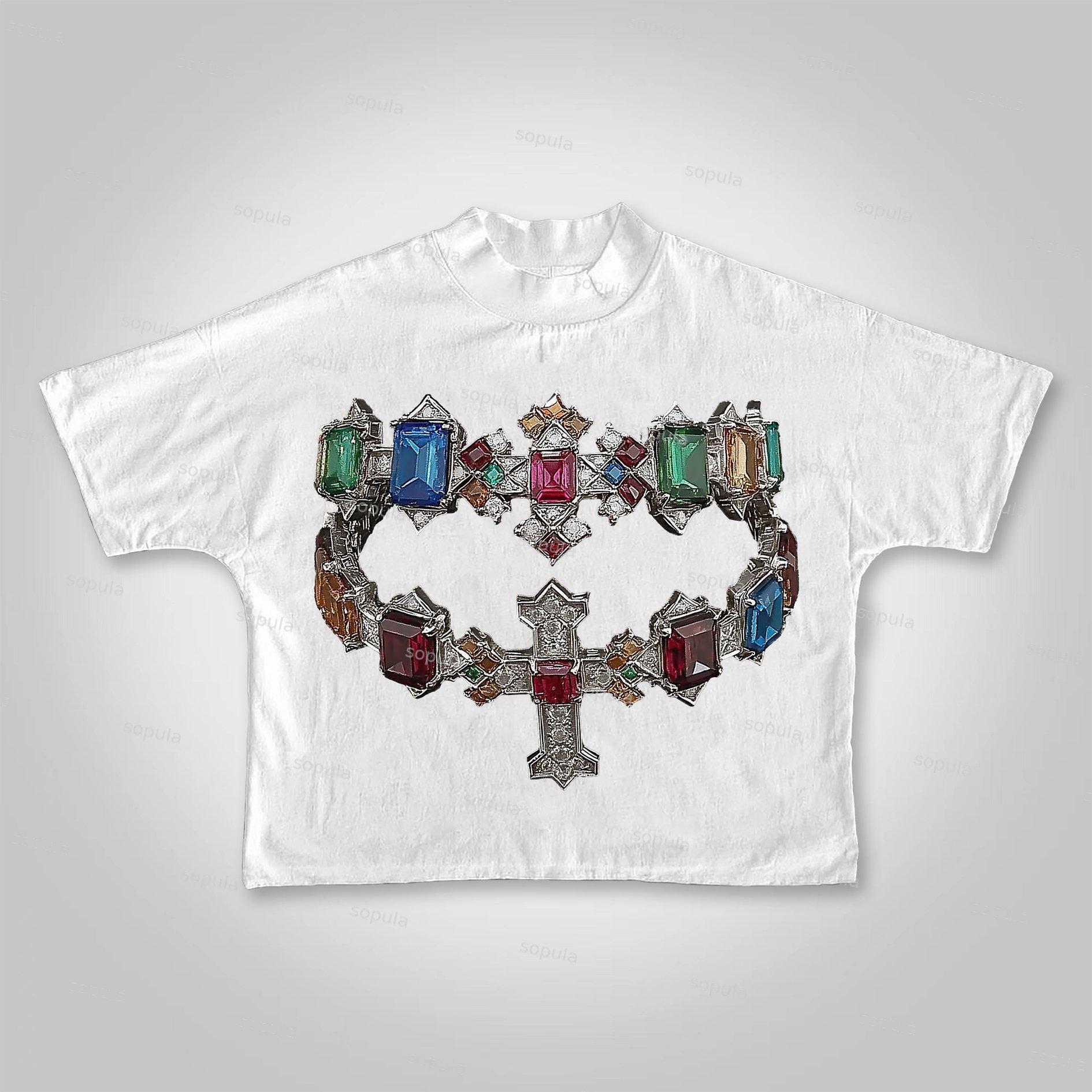 Sopula Fortune Diamond Cross Graphic Cropped T-Shirts Product Image