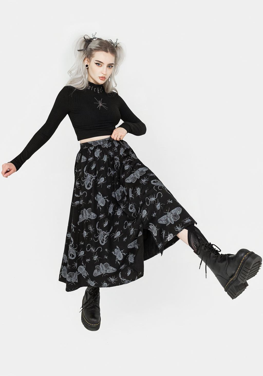 Parasite Bugs Button Front Midi Skirt - Black Product Image