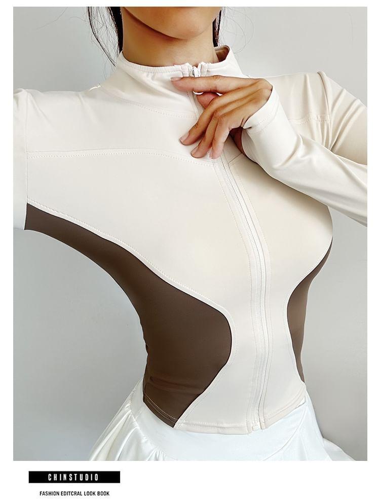 Stand Collar Two Tone Cropped Sport Zip Jacket Product Image