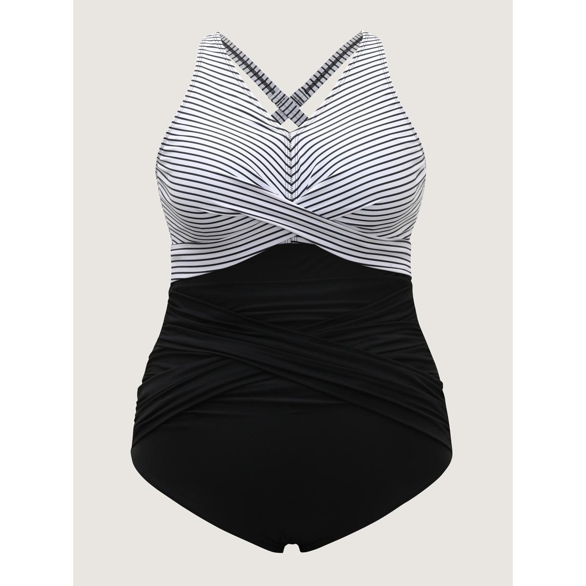 Plus Size Stripe Color Block Ruched One-Piece Swimsuit Women's Swimwear Black Beach Twist Curve Bathing Suits High stretch One Pieces BloomChic 14-16/1X Product Image
