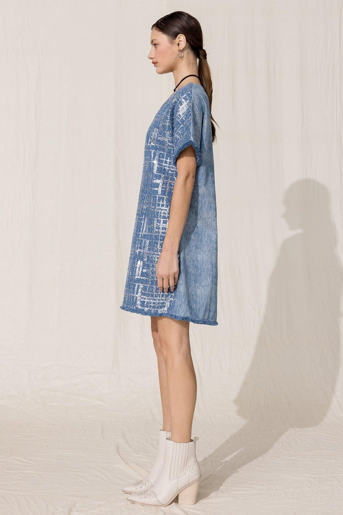 Denim Sequin Mini Shift Dress Product Image