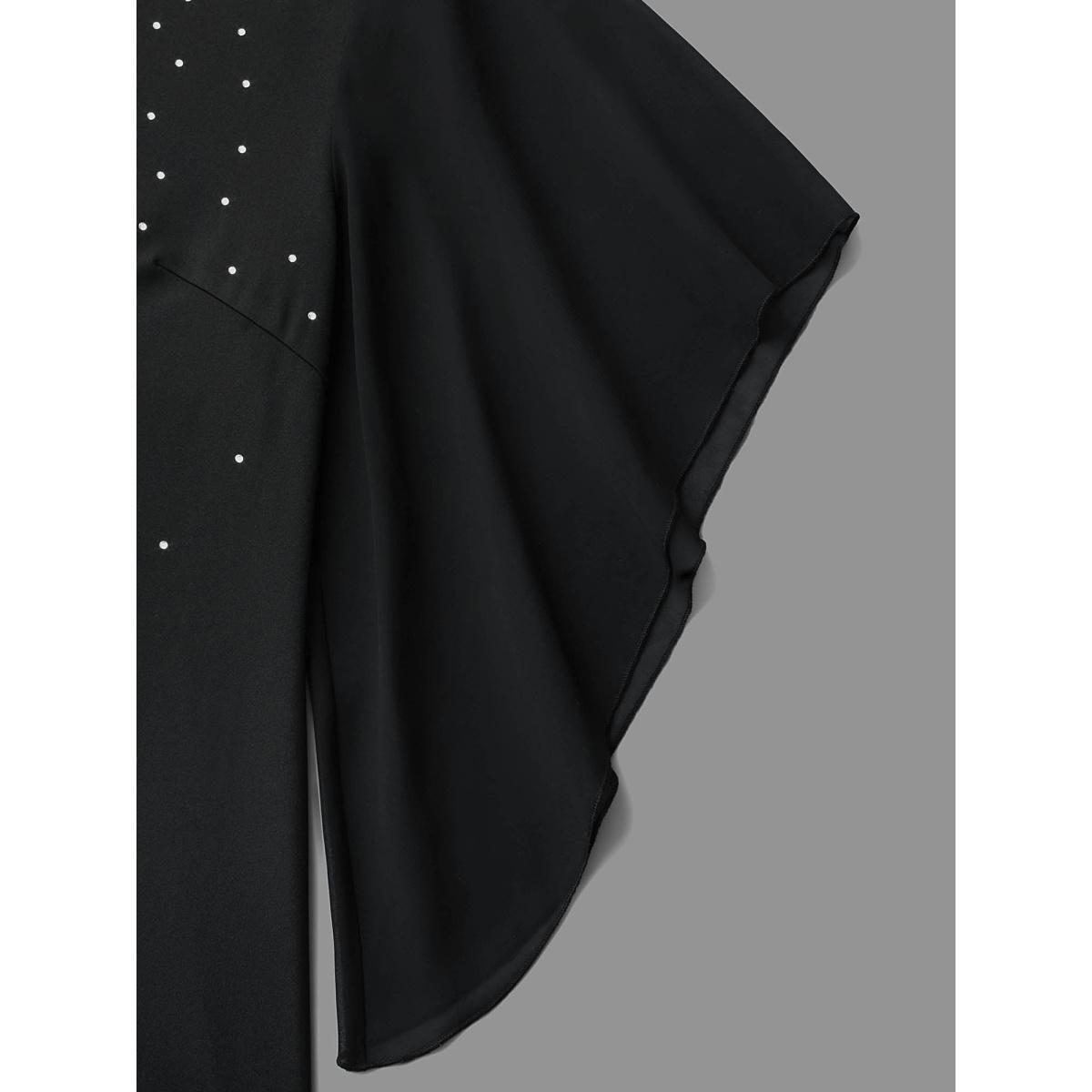 Plus Size Rhinestone Ruffle Sleeve Mesh Patchwork Dress Pureblack Women Party&Cocktail Rhinestone detailing Party Curvy Bloomchic 18-20/2X Product Image