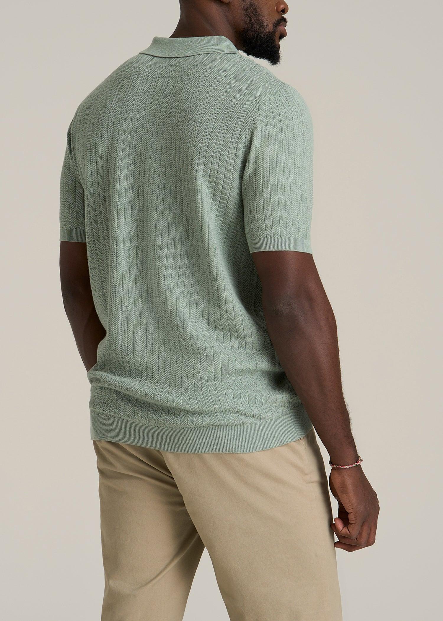 Linen Blend Ribbed Knit Polo Shirt for Tall Men in Seagrass Product Image