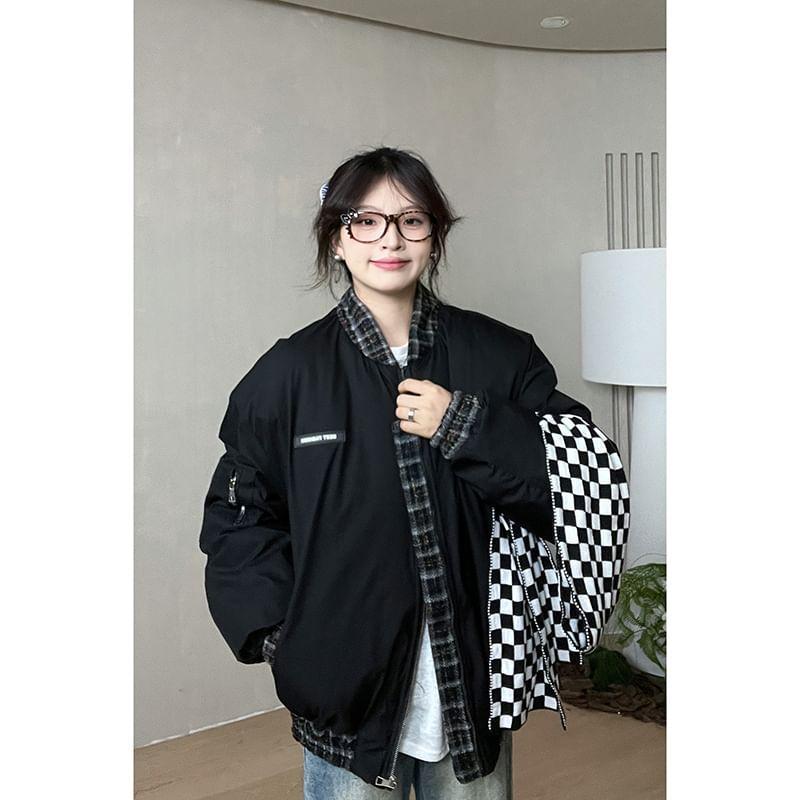 Plaid Panel Zip-Up Bomber Jacket Product Image