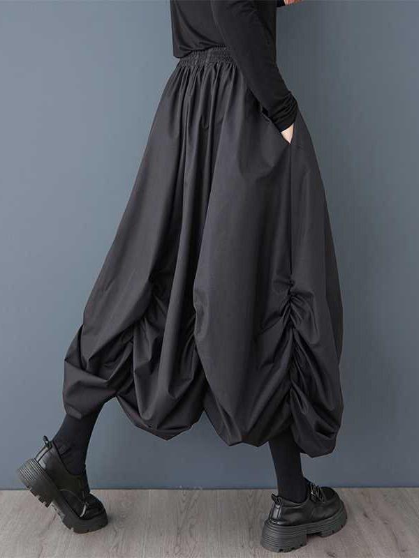 Loose Wide Leg Elasticity Pleated Pockets Solid Color Culotte Ninth Pants Product Image