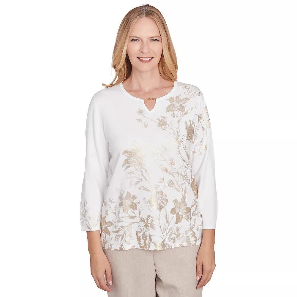 Petite Alfred Dunner Split Neck Botanical Gold Foil Print Sweater, Women's, Size: Medium Petite, Neutral Team Product Image