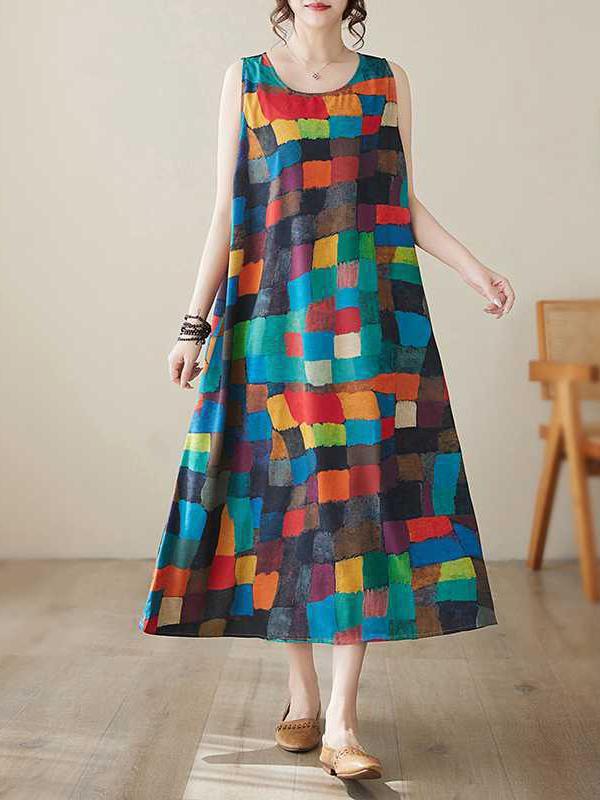 Loose Sleeveless Contrast Color Multi-Colored Plaid Round-Neck Midi Dresses Product Image