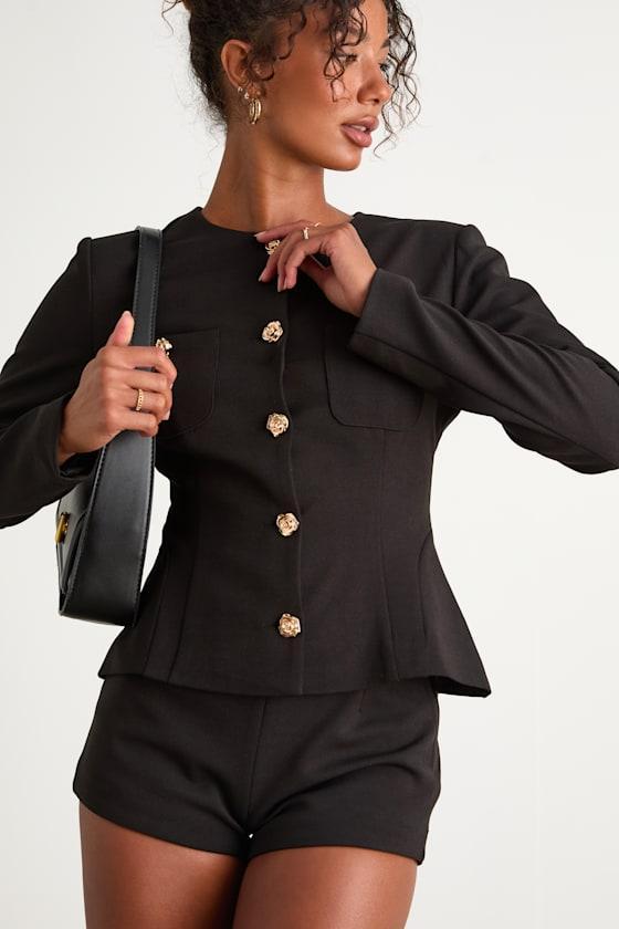 Lynn Black Rosette Button-Front Blazer Product Image