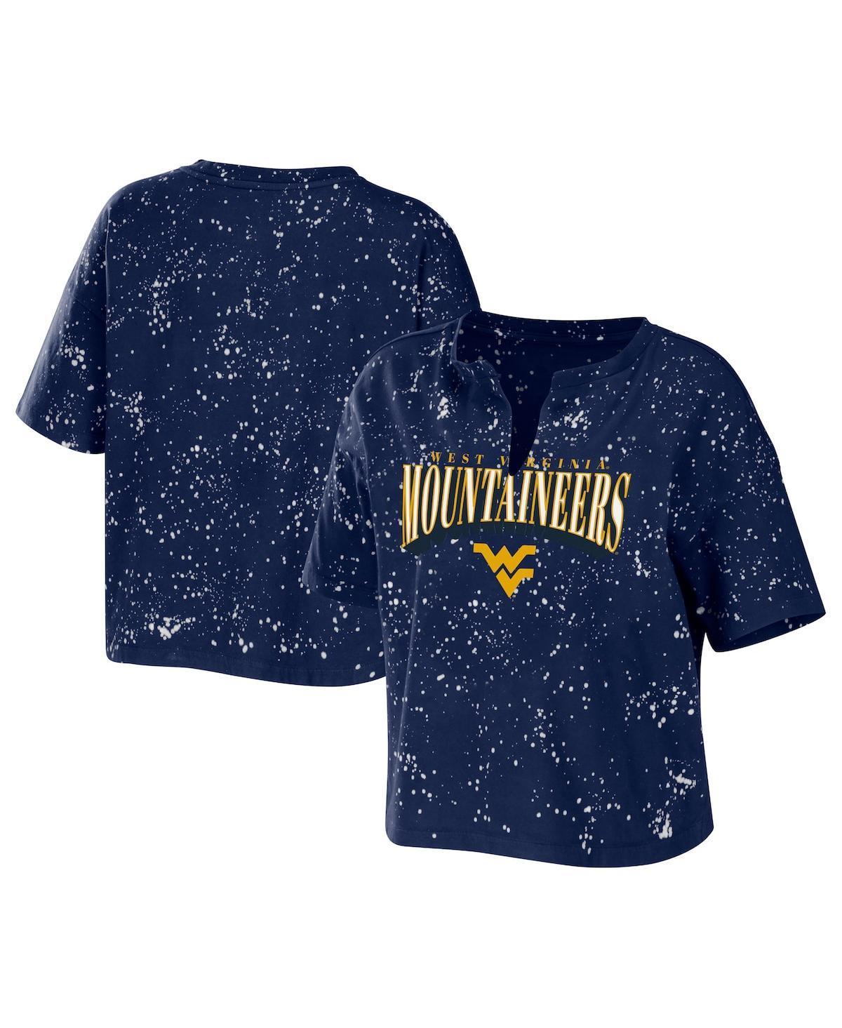 Women's WEAR by Erin Andrews Navy West Virginia Mountaineers Bleach Wash Splatter Notch Neck T-Shirt, Size: Large, Blue Product Image